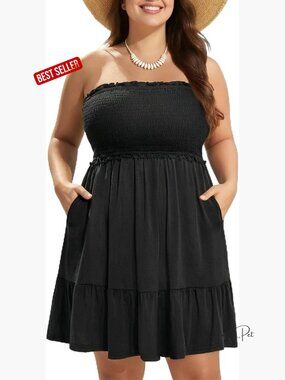 Strapless Ruffle Beach Cover Up Dress with Pockets Plus Size